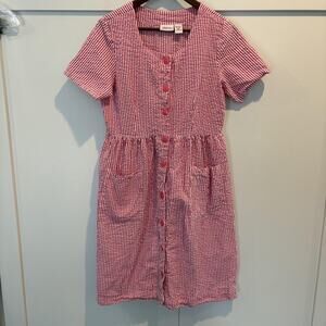 The Vermont Country Store Dress Womens Medium Pink White Seersucker Button Front